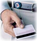 Badge reel in use - easy hands free access to your ID cards and badges